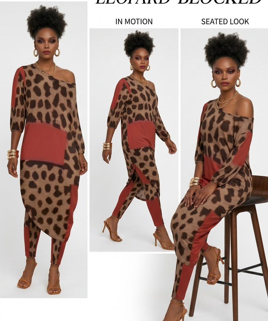 Women's two-piece off-shoulder set in diagonal red animal print with stretch fabric