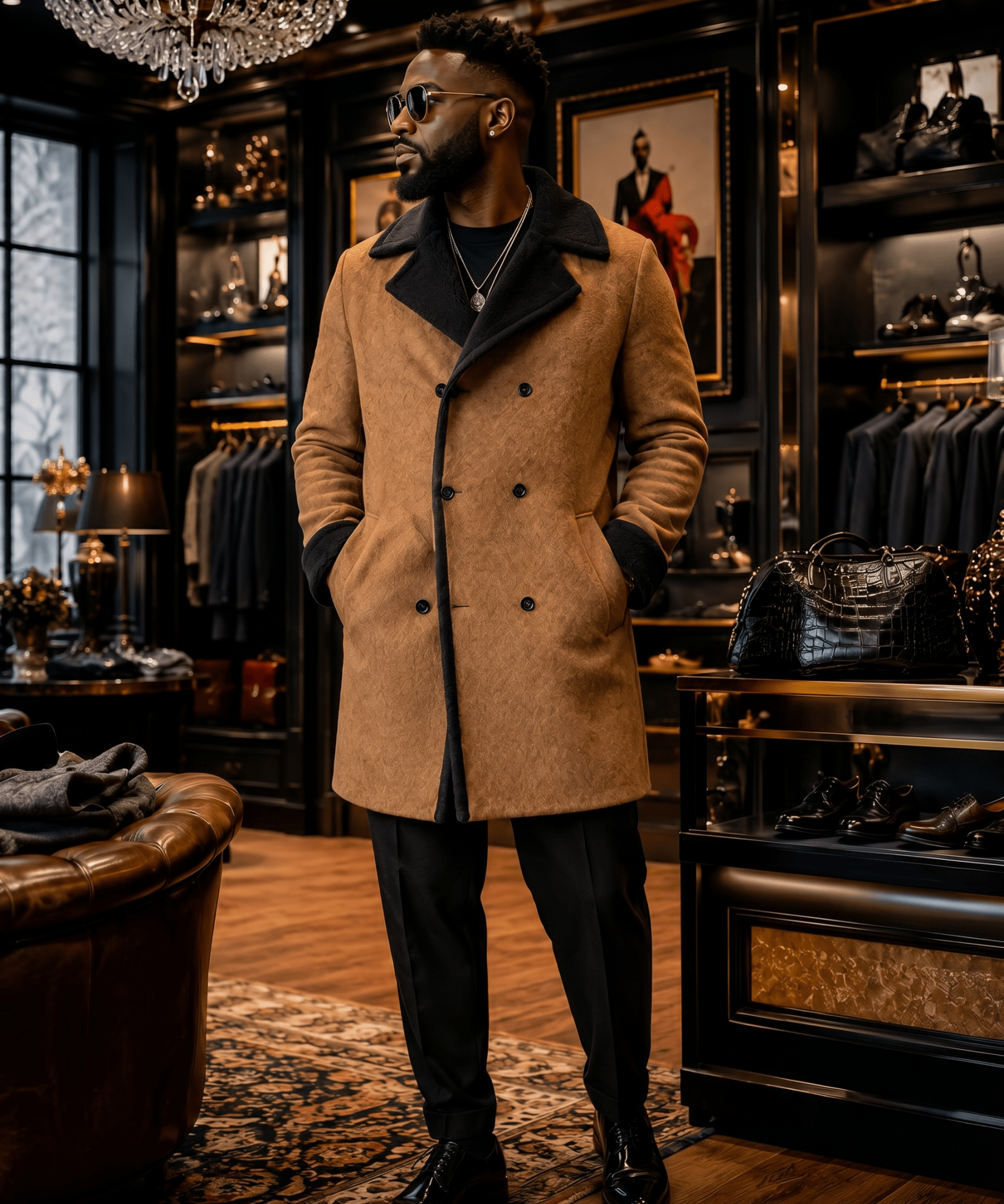 Men's knee-length tan double-breasted coat with black sherpa fleece lining — additional view 6