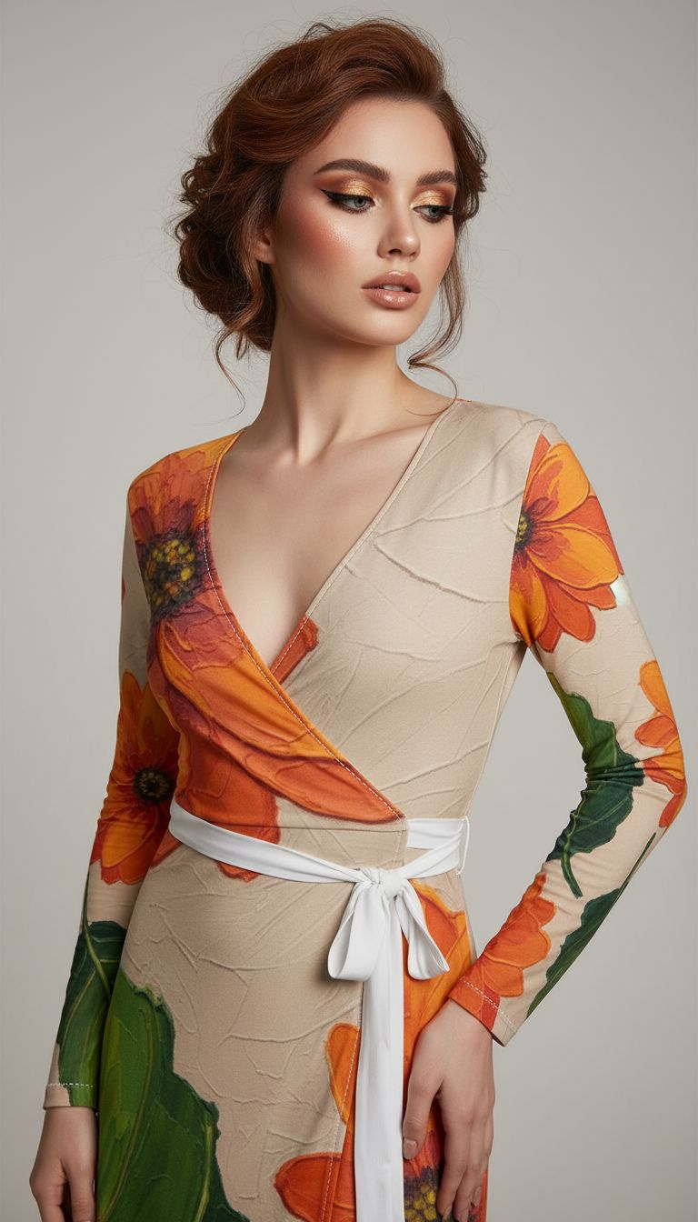 Rich and Rich Orange Floral Women's Wrap Dress with long sleeves and belt tie