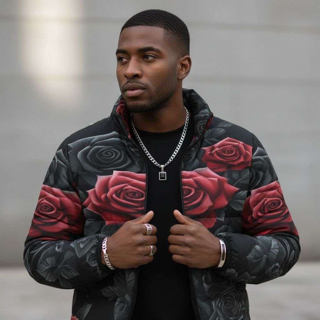 Men's black and red puffer jacket with bold rose floral print and front pockets