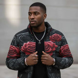 Men's black and red puffer jacket with bold rose floral print and front pockets