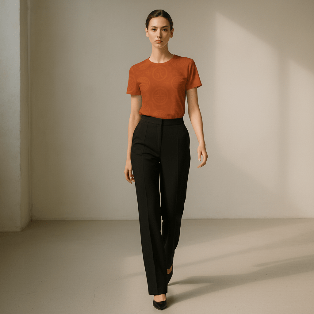 Orange Feng Shui women's t-shirt with rounded ribbed neckline and all-over print — alternate view