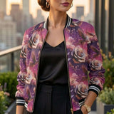 Flowery abstract women's bomber jacket with all-over floral print and ribbed trim