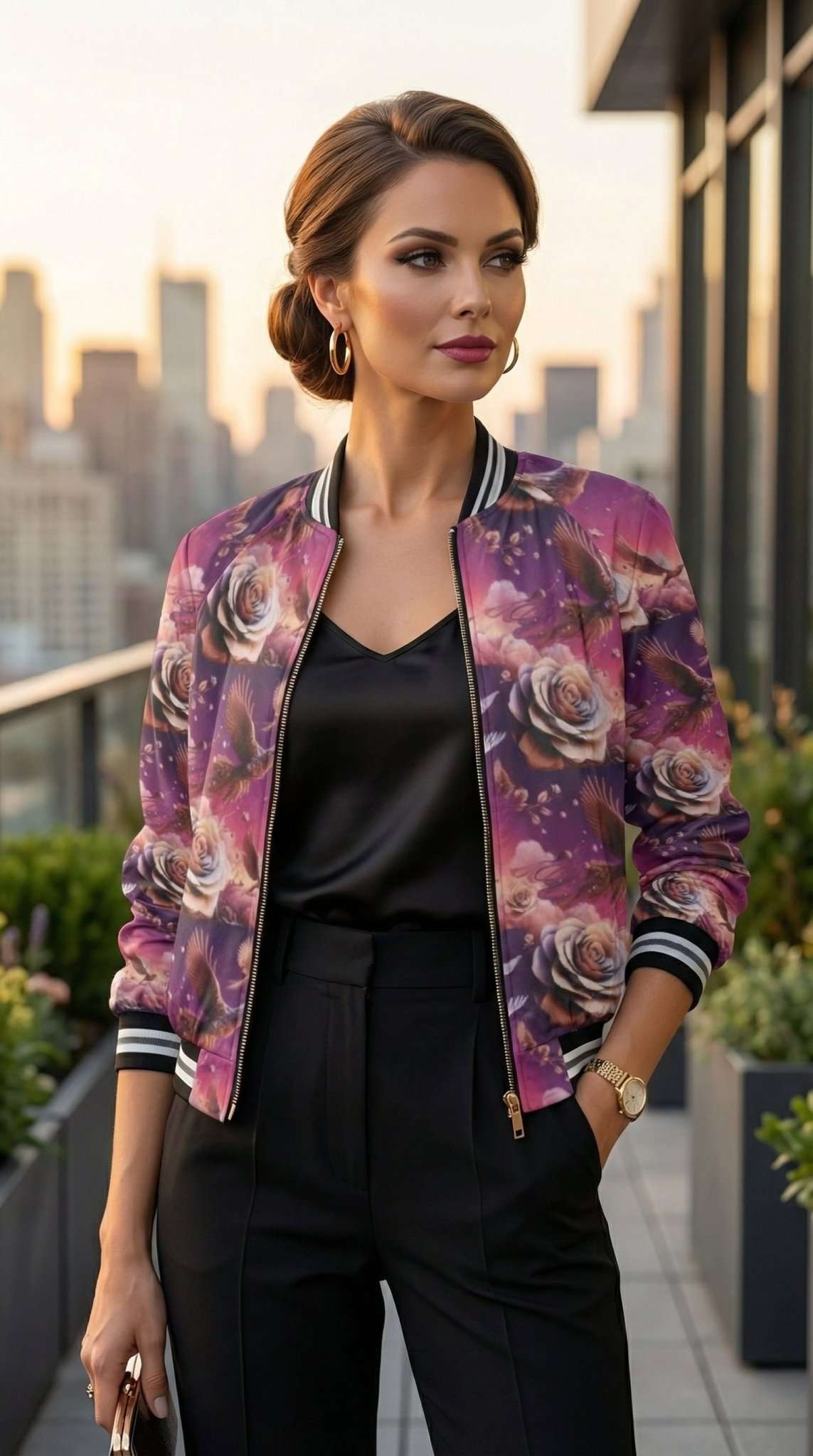 Flowery abstract women's bomber jacket with all-over floral print and ribbed trim