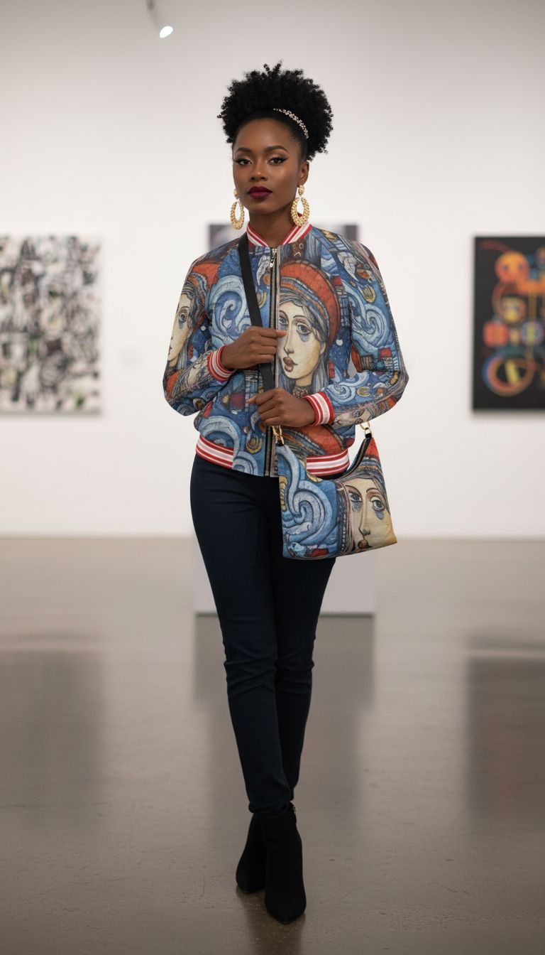 Rich and Rich Women's Whimsical Blue Designer Bomber Jacket