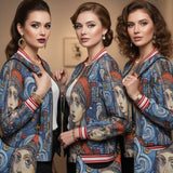 Women's whimsical blue bomber jacket with all-over print, ribbed collar and zip front — side view