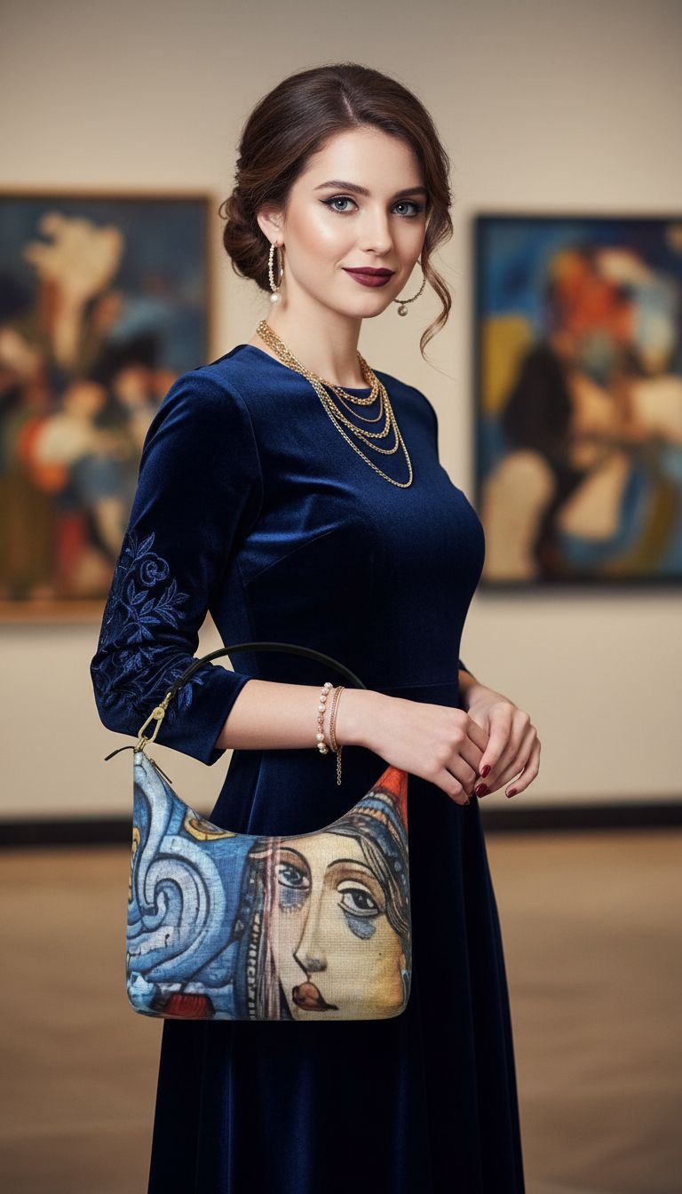 Rich and Rich Whimsical Blue Women's Square Designer Leather Hobo Bag in premium full-grain Nappa leather