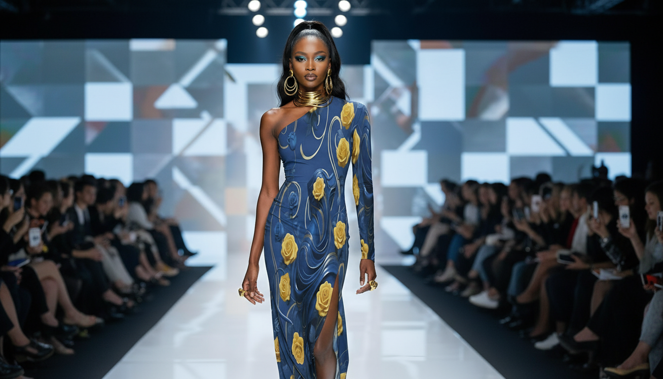 Rich and Rich Women's Yellow and Blue Roses One-Shoulder Maxi Dress with Side Slit