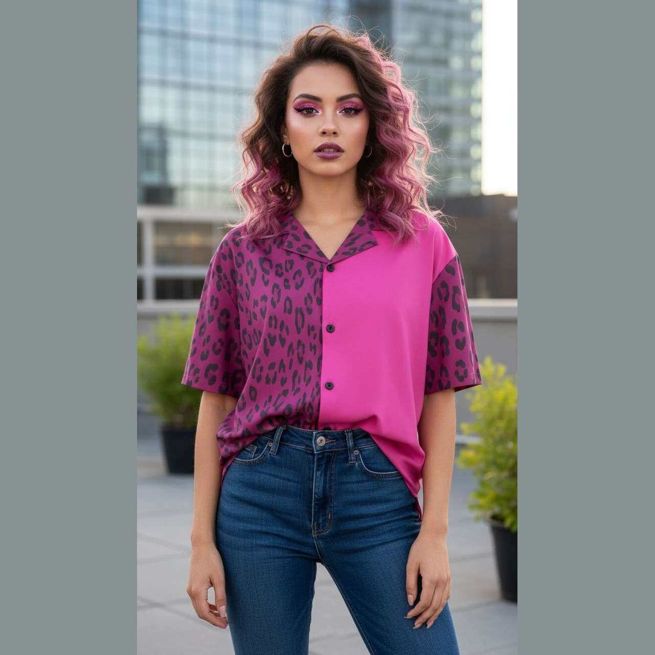 Magenta animal-print women's Hawaiian shirt with notch lapel and short sleeves