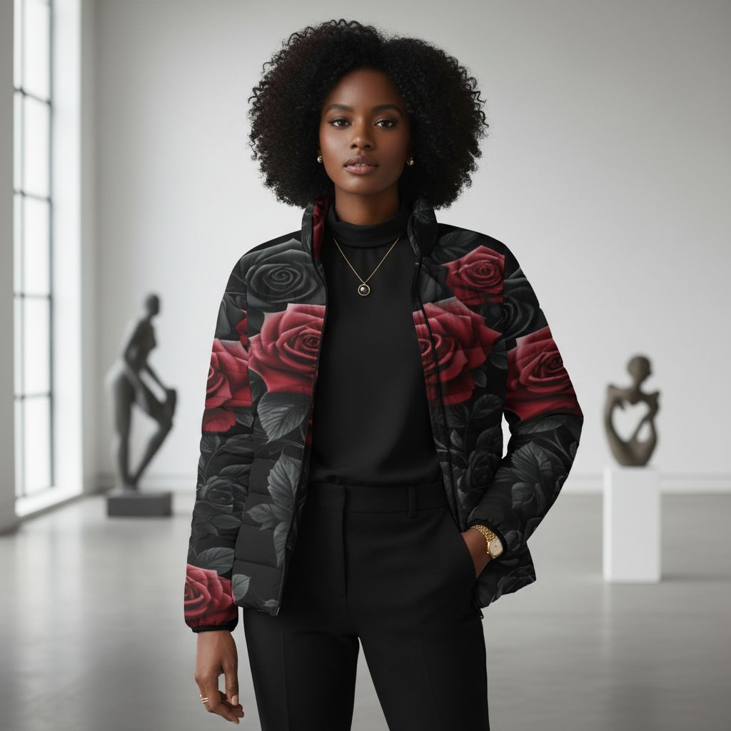 Black and red women's puffer jacket with all-over rose floral print and front zipper — alternate view