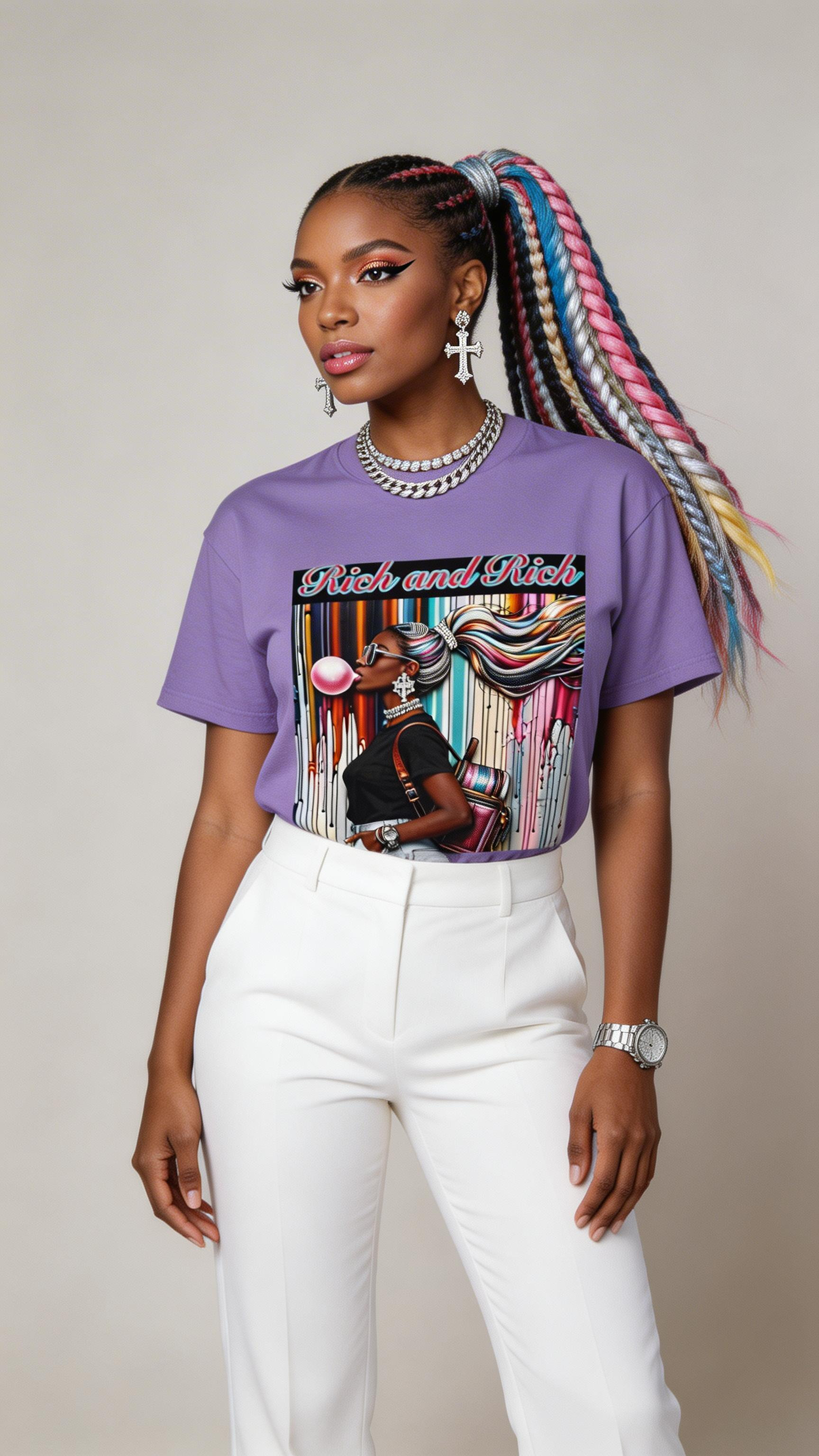 Unisex Rich and Rich colorful bubblegum street art graphic t-shirt featuring a figure blowing a rainbow bubble