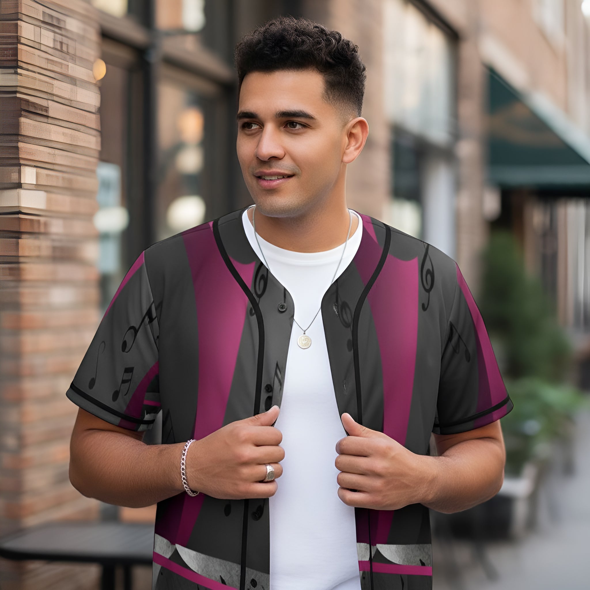 Gray and magenta mesh baseball jersey with musical notes all-over print and full-button front