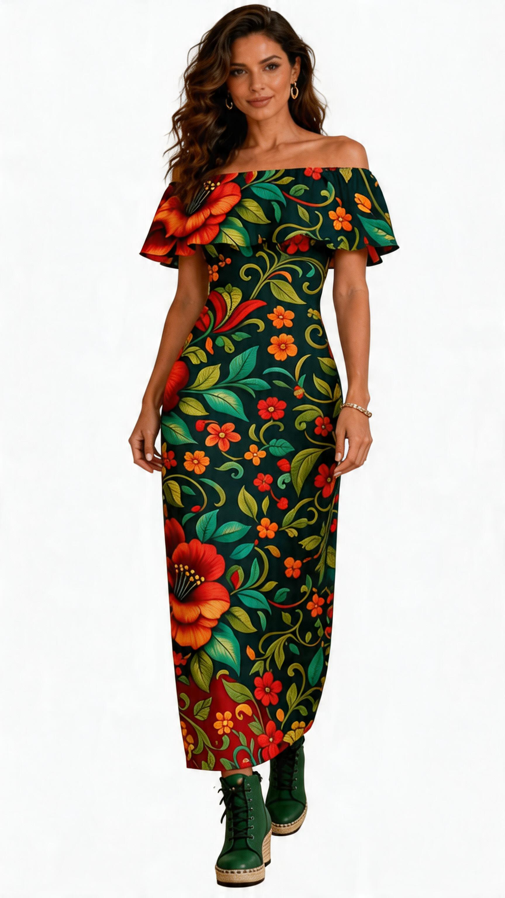 Rich and Rich Embroidered Floral Multicolor Women’s Off Shoulder Ruffle Boat Neck Dress