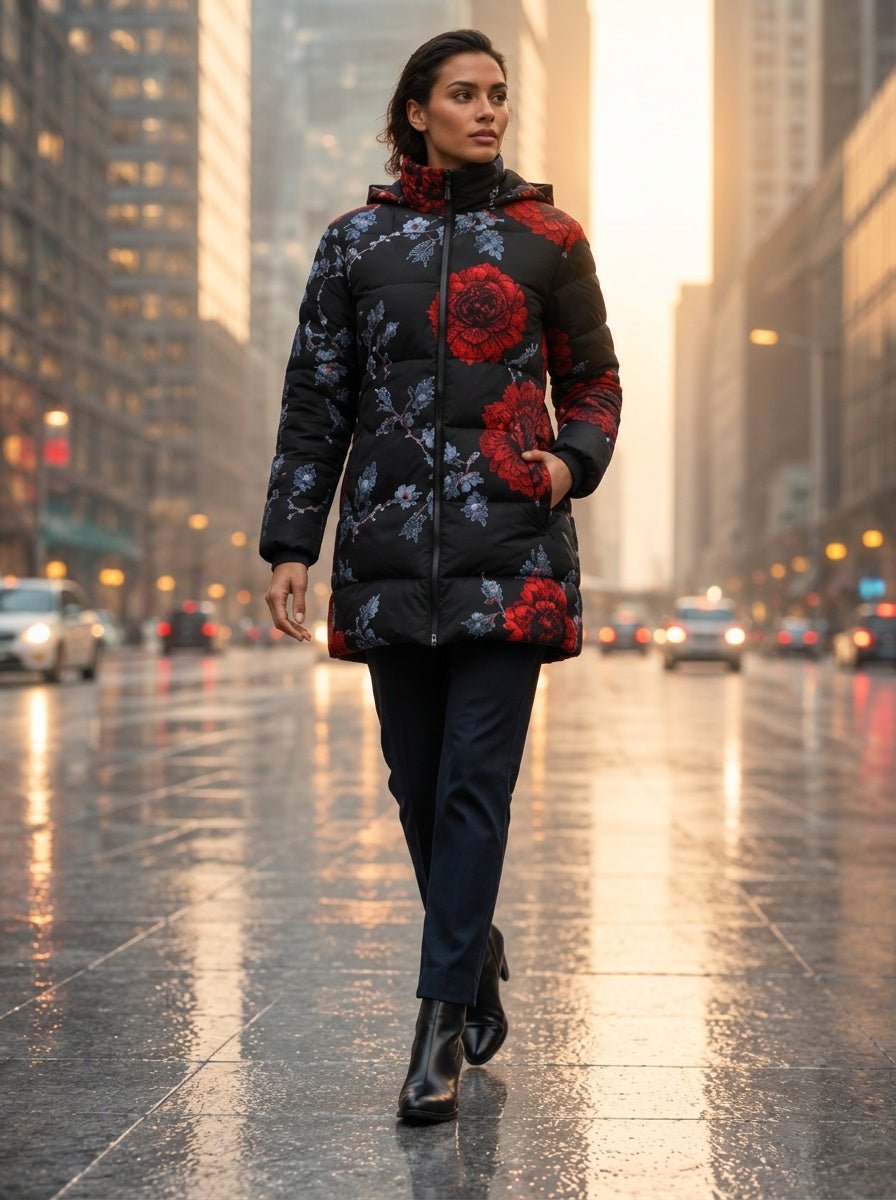 Rich and Rich Women's Black Hooded Puffer Coat with Red Roses | Luxury Floral Winter Jacket with Detachable Hood - Rich and Rich Homeopportunities