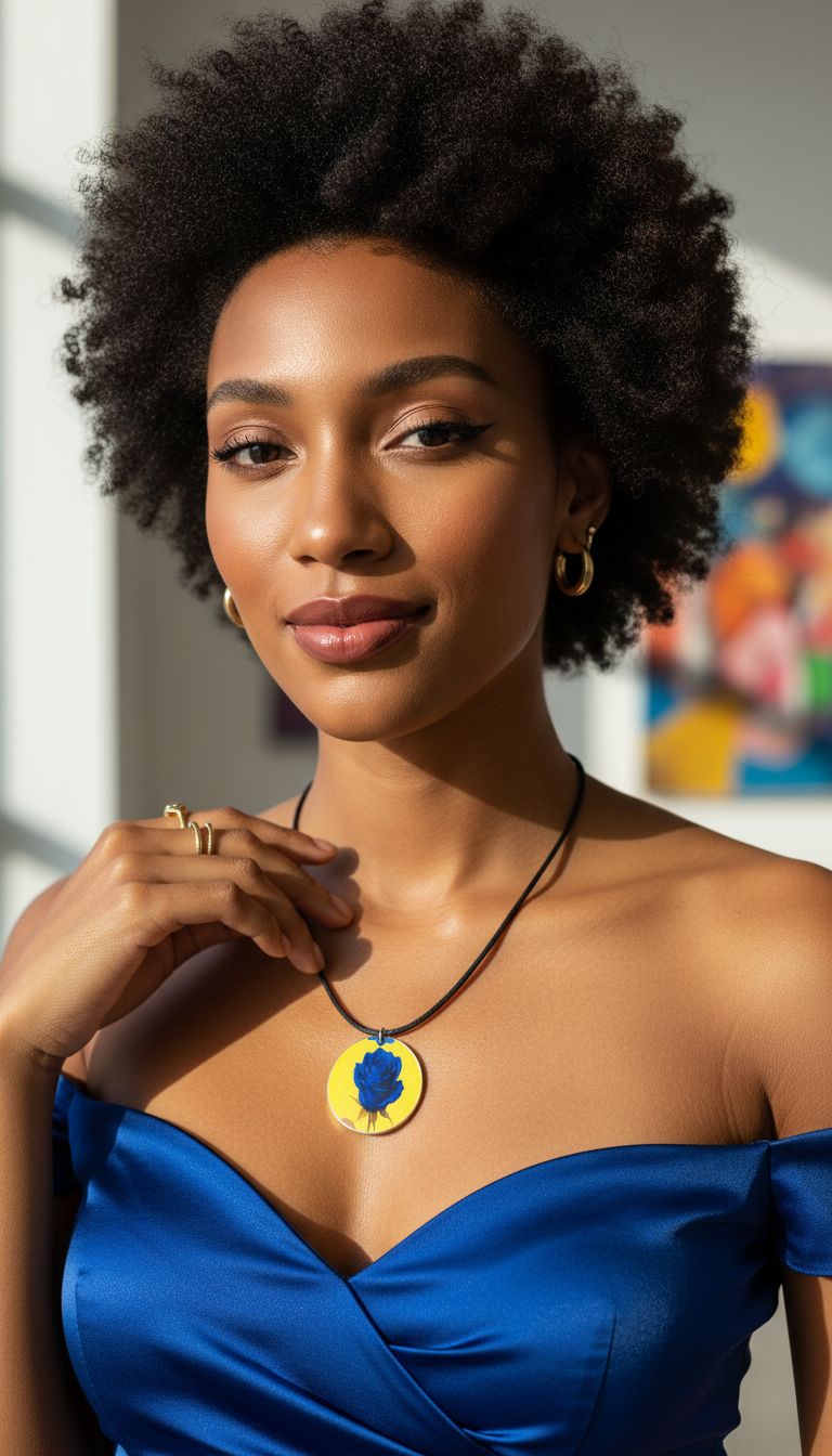 Rich and Rich Yellow With Blue Rose Wooden Pendant Organic Shapes