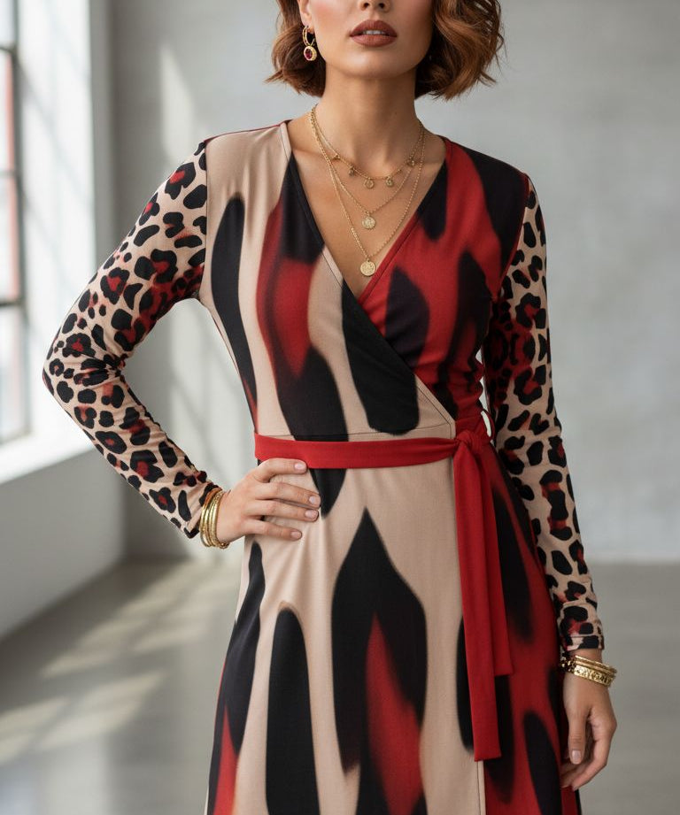 Beige and red animal print wrap dress with V-neck and waist tie