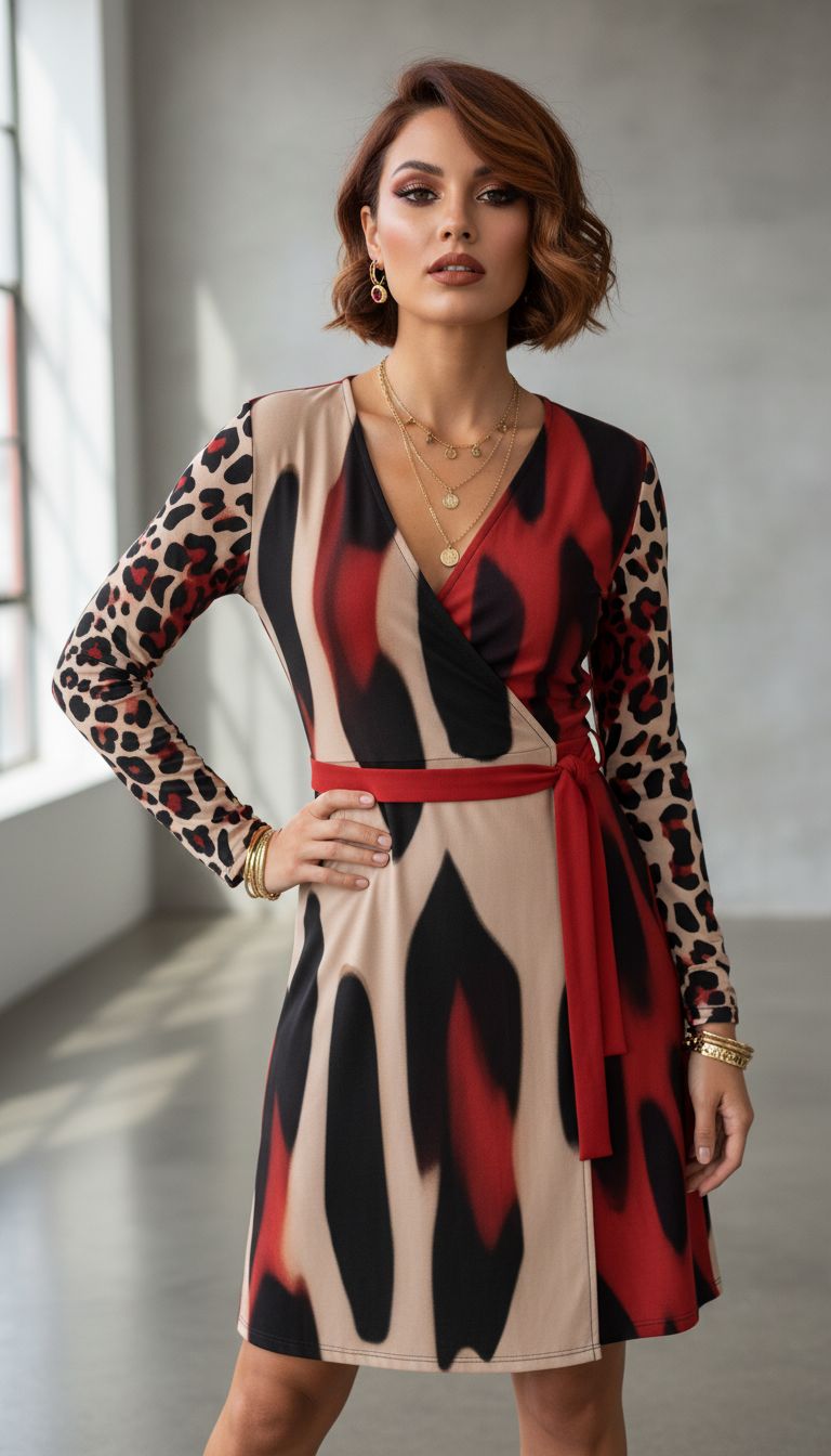 Rich and Rich Beige and Red Animal Print Women's Wrap Dress