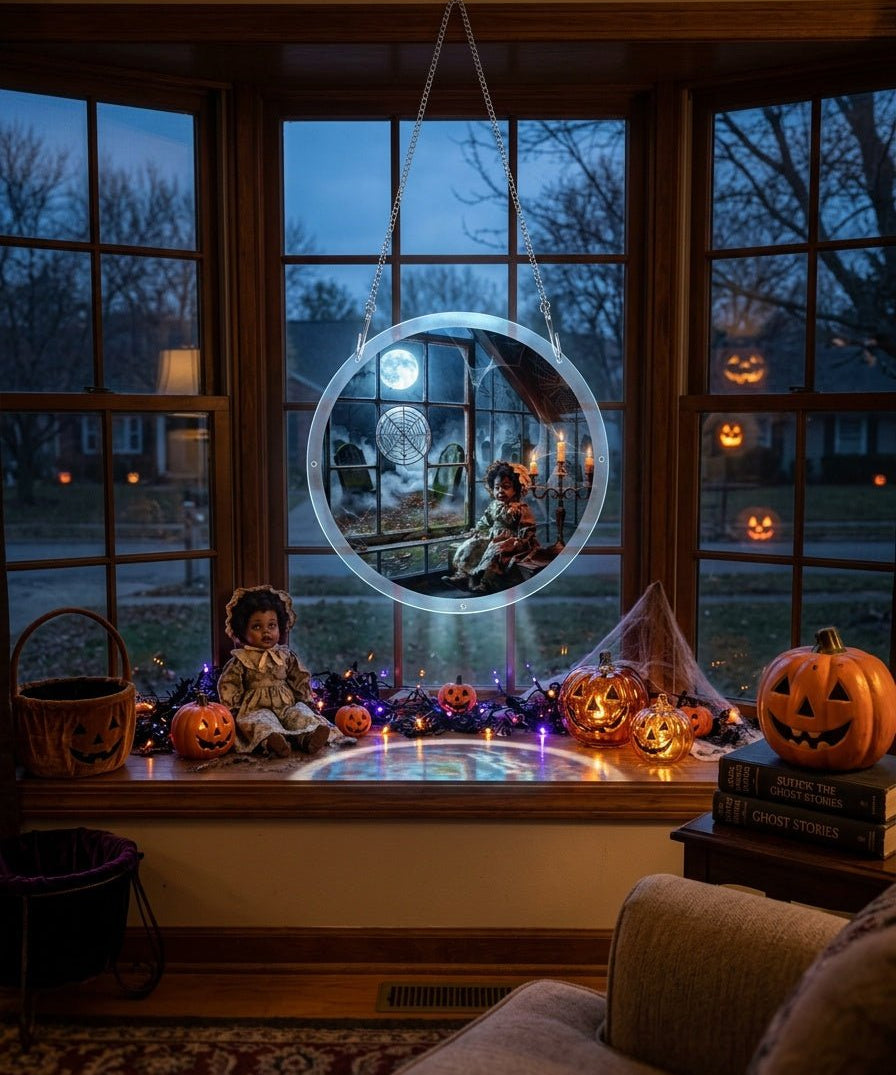 Round acrylic ornament depicting a haunted graveyard scene with hanging chain