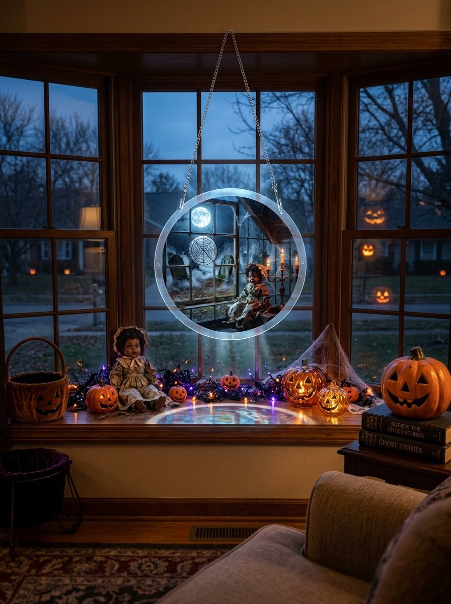 Round acrylic ornament depicting a haunted graveyard scene with hanging chain
