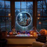 Round acrylic ornament depicting a haunted graveyard scene with hanging chain