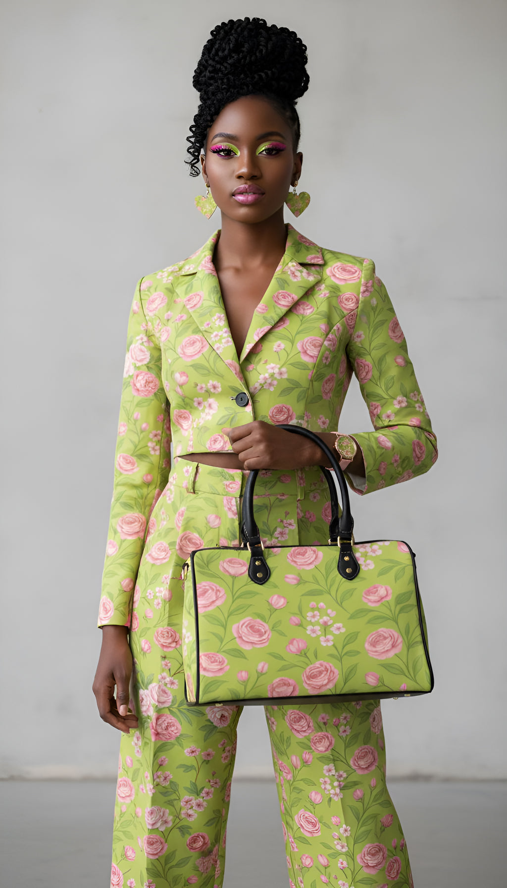 Rich and Rich Pink Floral Boston Leather Handbag with Matching Watch and Earrings