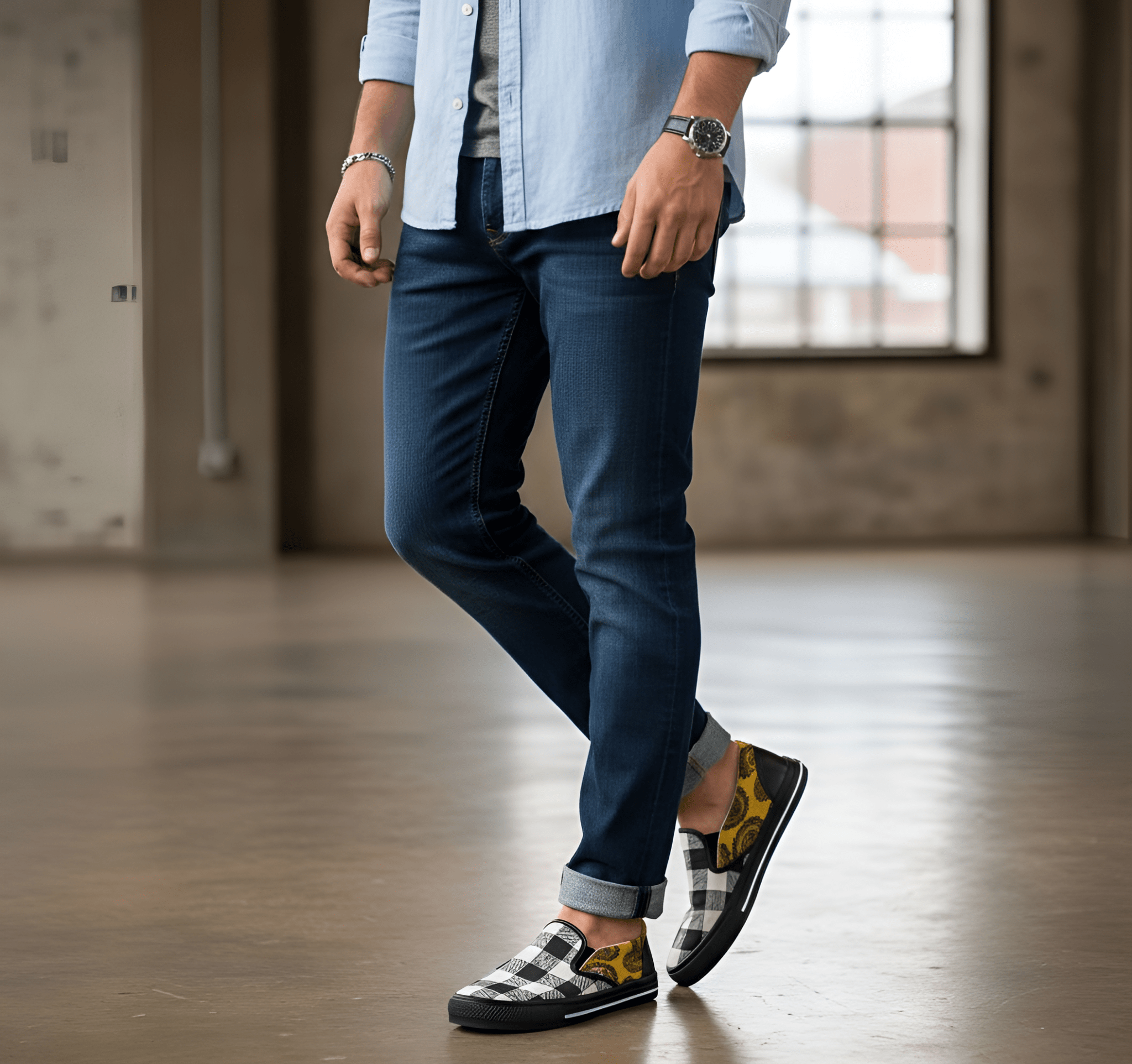 Men's yellow canvas slip-on shoe with abstract and checkerboard print