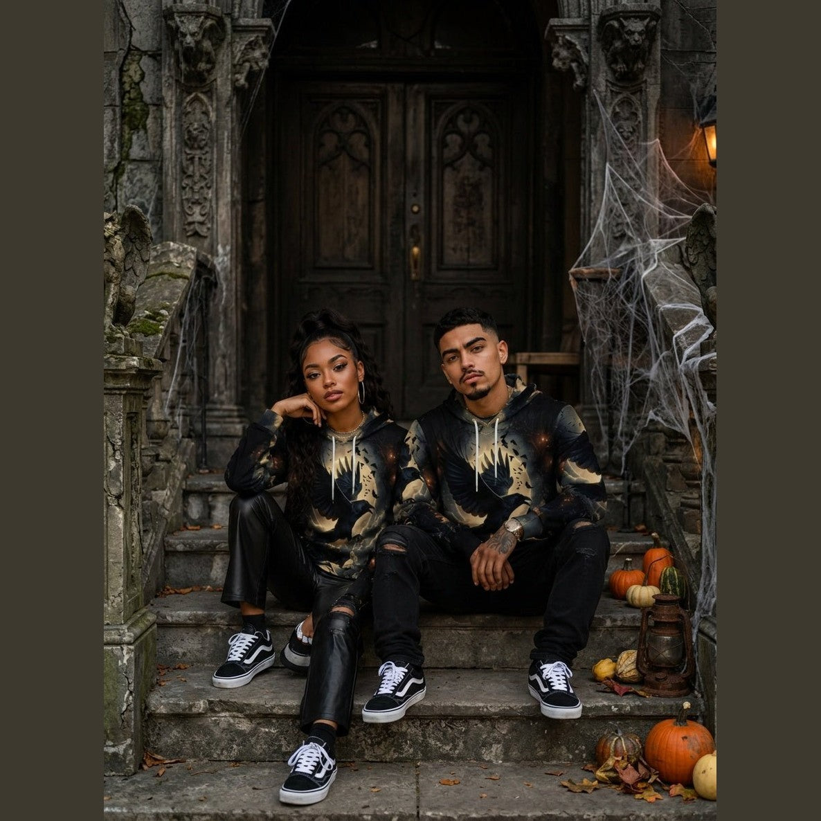 Couple wearing matching mystical raven hoodies for Halloween