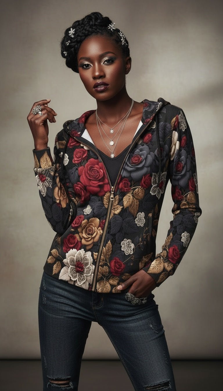Women's red full-zip hoodie with autumn floral print, taped neck and shoulders — rear view