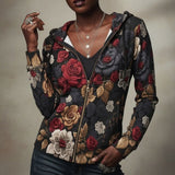 Women's red full-zip hoodie with autumn floral print, taped neck and shoulders — rear view