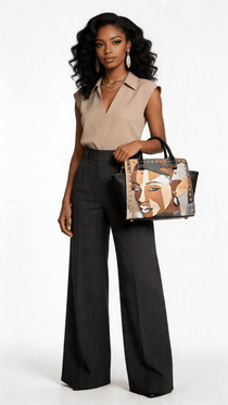 Abstract brown shoulder handbag with rivet detail, double handles and removable adjustable strap