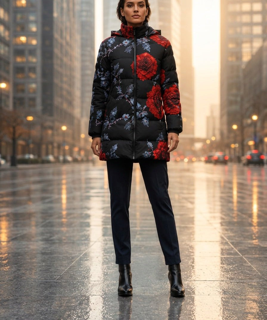 Women's black hooded puffer coat with red rose floral print and detachable hood — side view