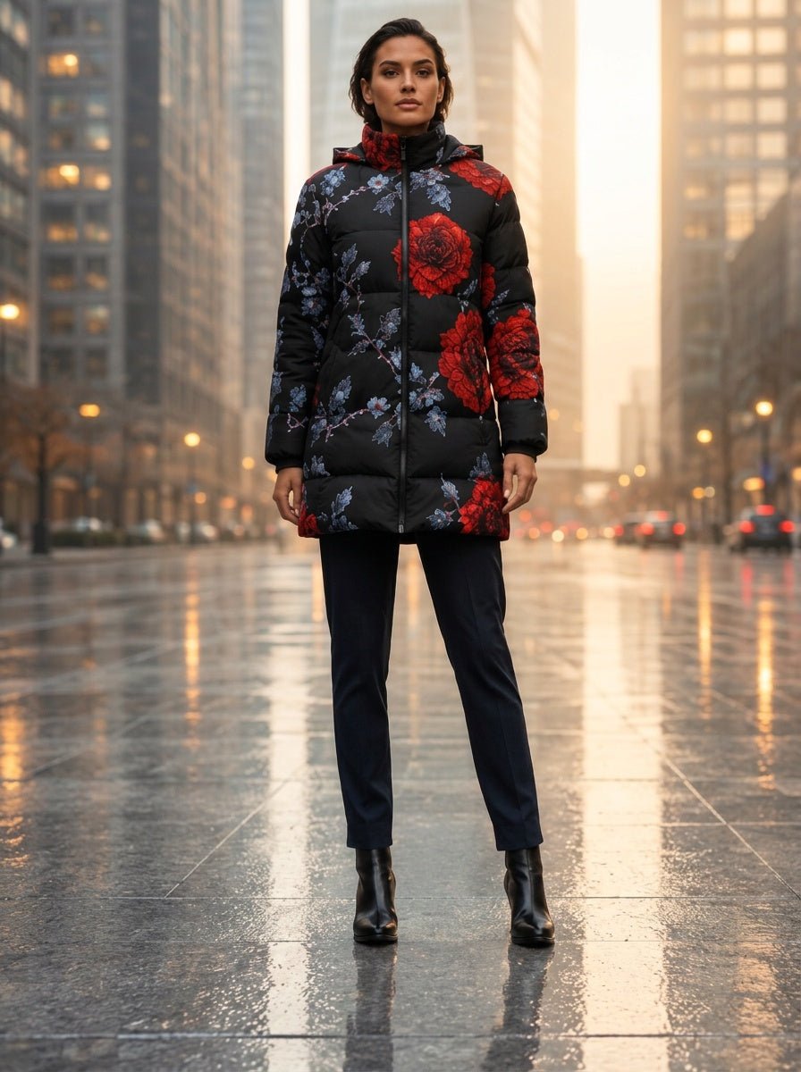 Rich and Rich Women's Black Hooded Puffer Coat with Red Roses | Luxury Floral Winter Jacket with Detachable Hood - Rich and Rich Homeopportunities