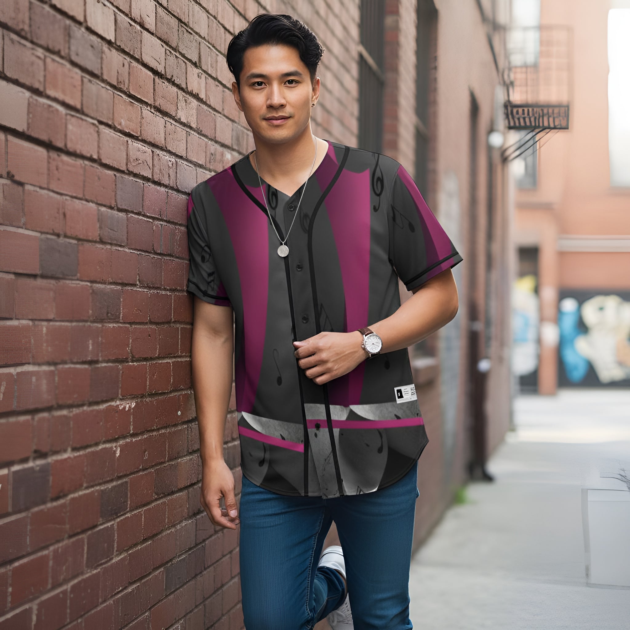 Gray and magenta mesh baseball jersey with musical notes all-over print and full-button front — additional view 8