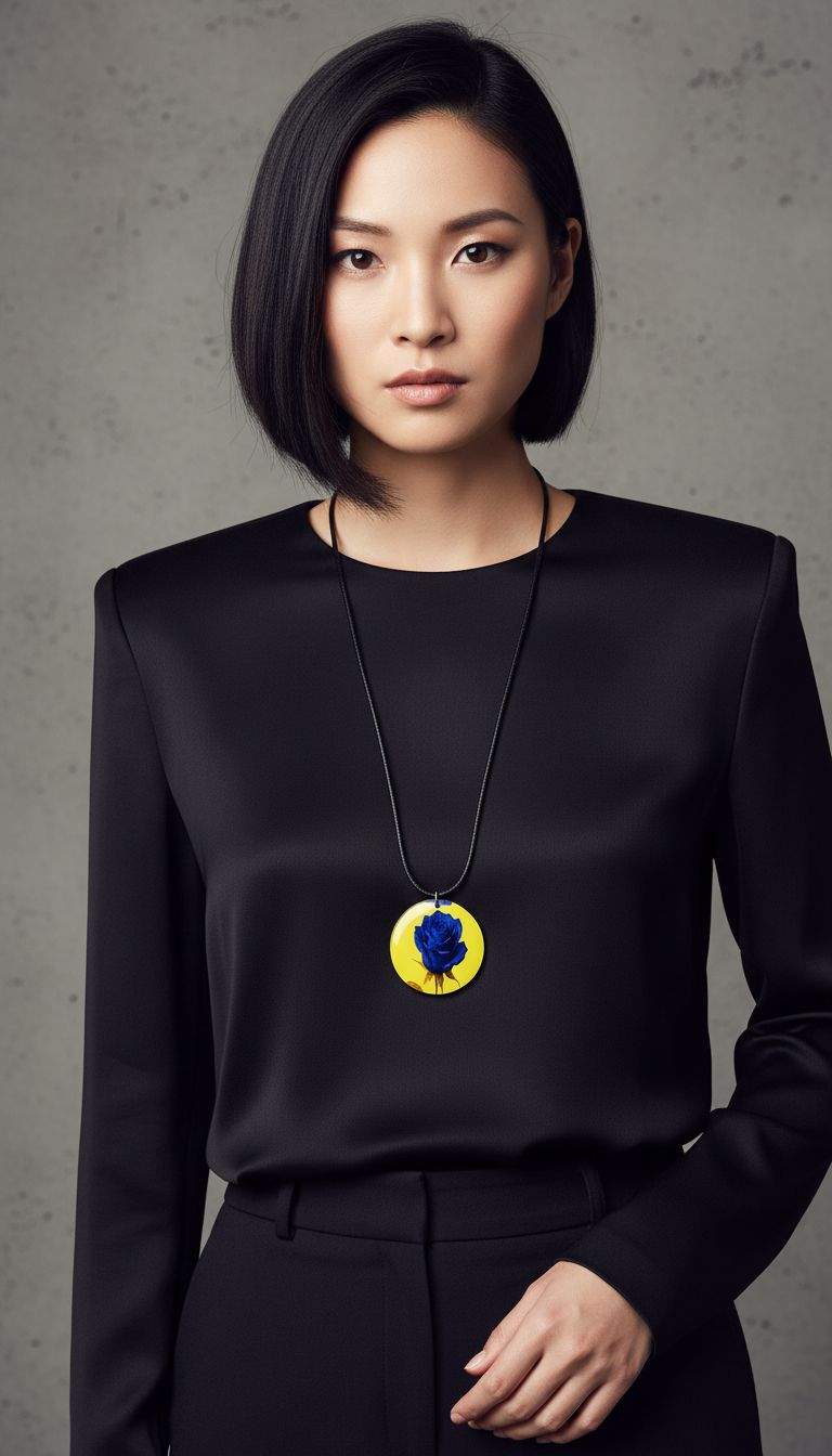 Rich and Rich Yellow With Blue Rose Wooden Pendant Organic Shapes