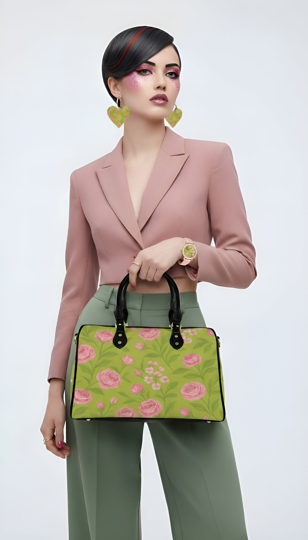 Rich and Rich Pink Floral Boston Leather Handbag with Matching Watch and Earrings