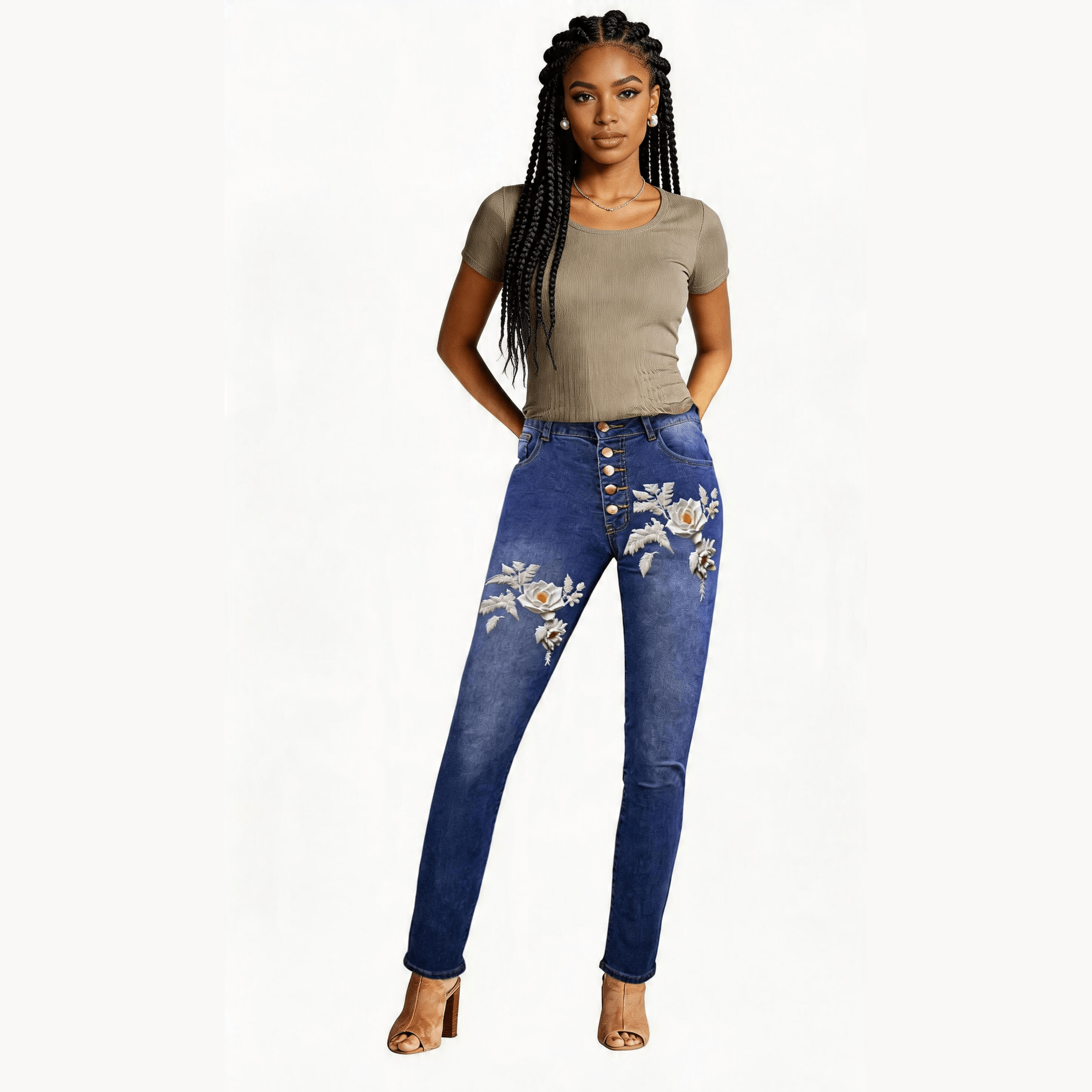 High-waist women's jeans with white floral print on front and back and five-button zip fly