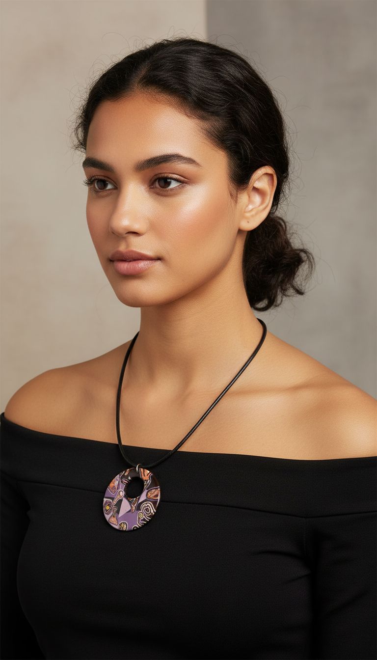 Handmade purple abstract wooden pendant with organic shapes on black faux suede cord