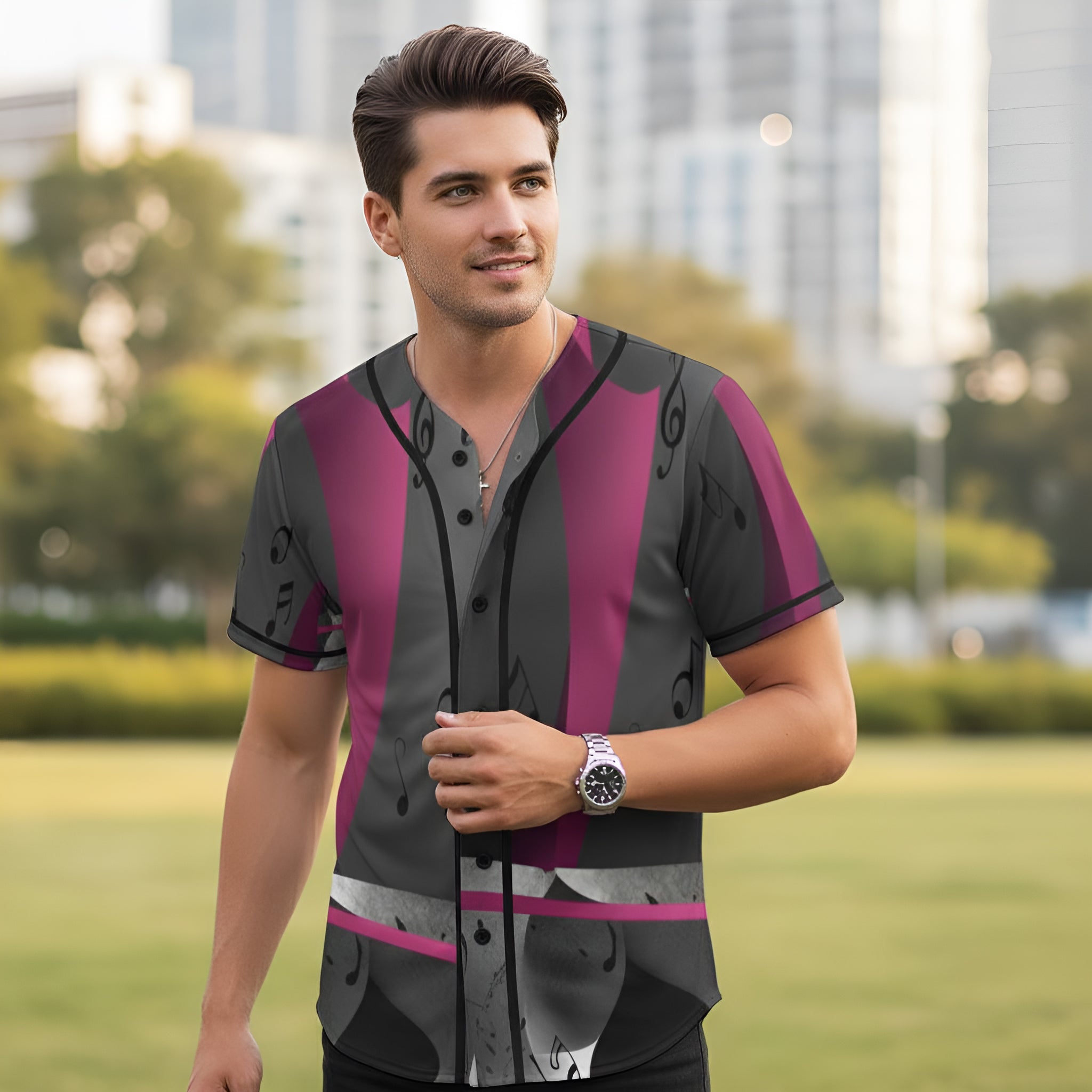 Gray and magenta mesh baseball jersey with musical notes all-over print and full-button front — additional view 9