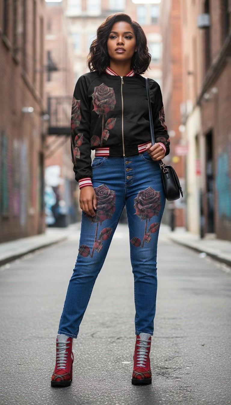 Rich and Rich Red Plaid Rose Women's Bomber Jacket