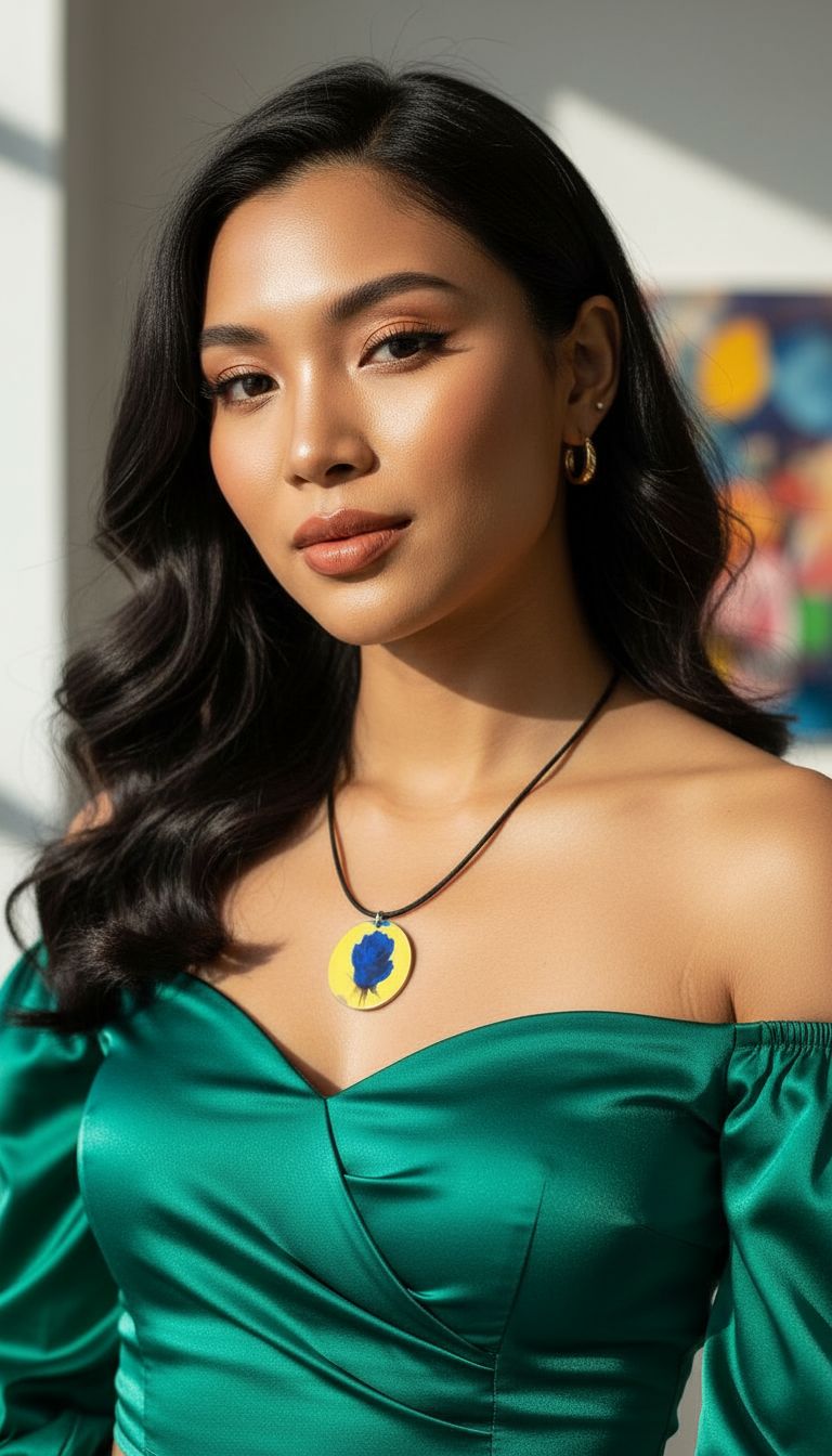 Rich and Rich Yellow With Blue Rose Wooden Pendant Organic Shapes