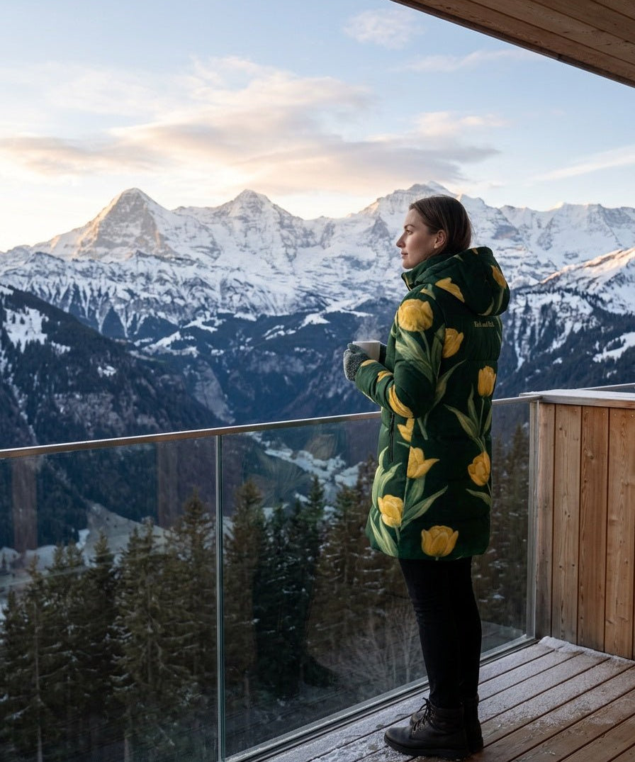 Women's emerald green puffer coat with yellow tulip floral print and detachable hood — alternate view