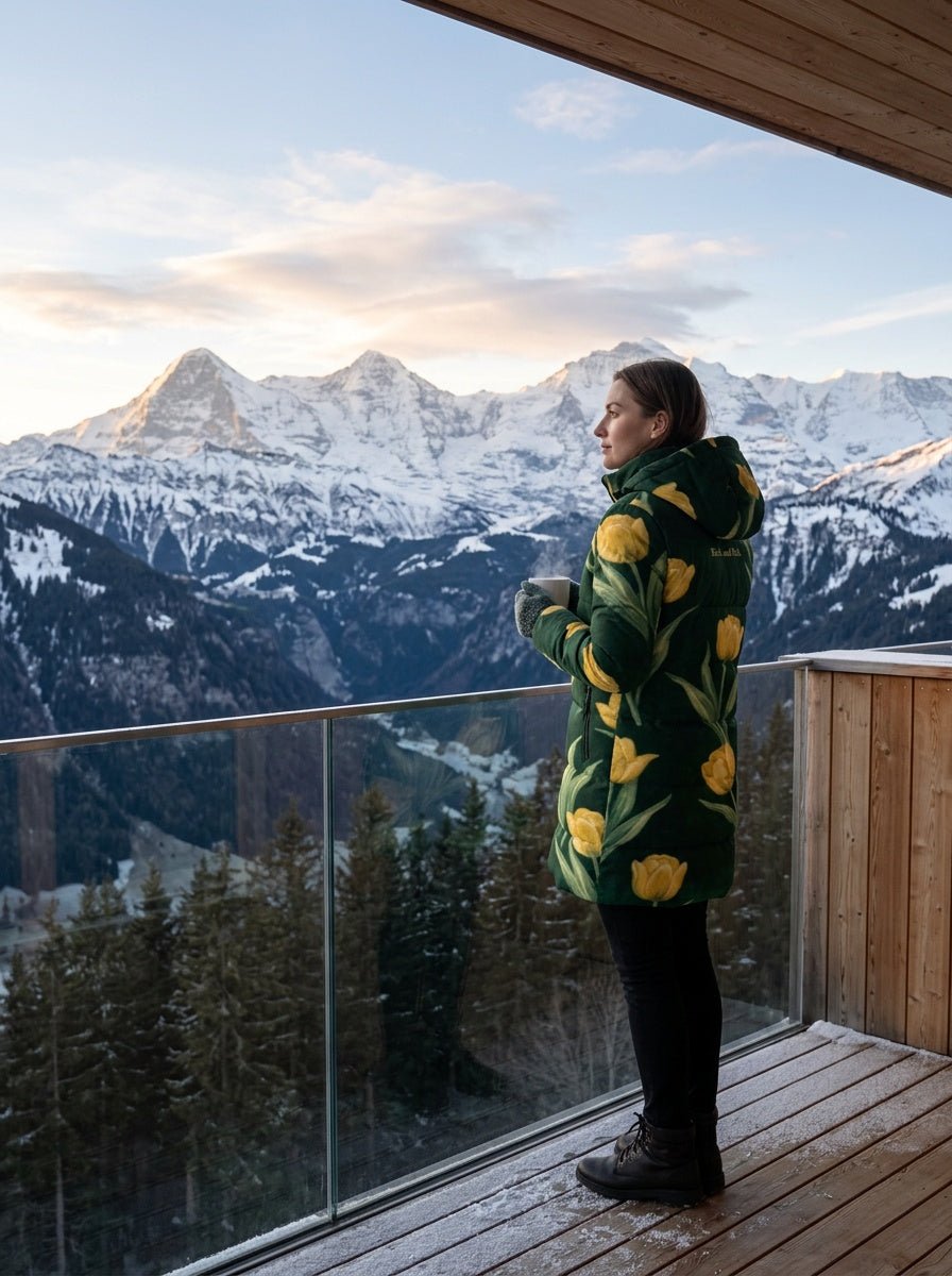 Rich and Rich Women's Emerald Green and Yellow Tulips Hooded Puffer Coat | Luxury Floral Winter Jacket with Detachable Hood - Rich and Rich Homeopportunities