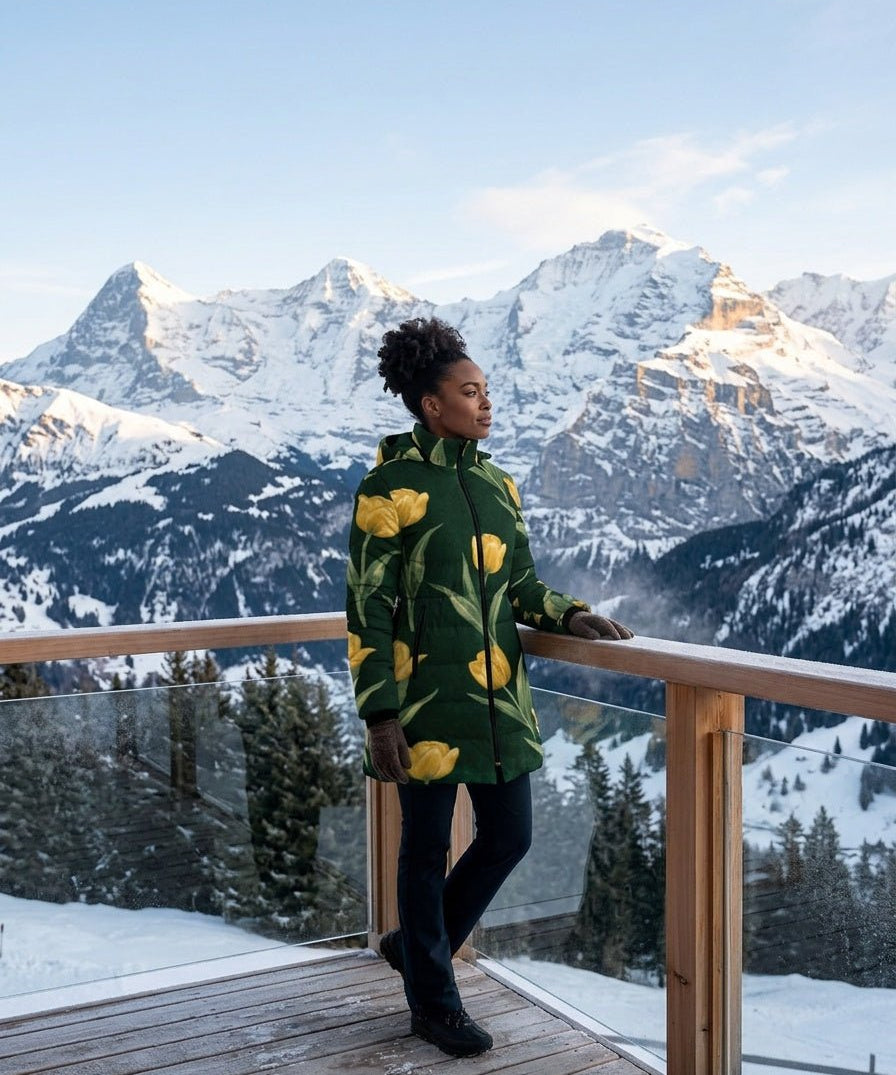 Women's emerald green puffer coat with yellow tulip floral print and detachable hood