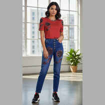 High-waist women's jeans with red plaid rose front print and five-button closure