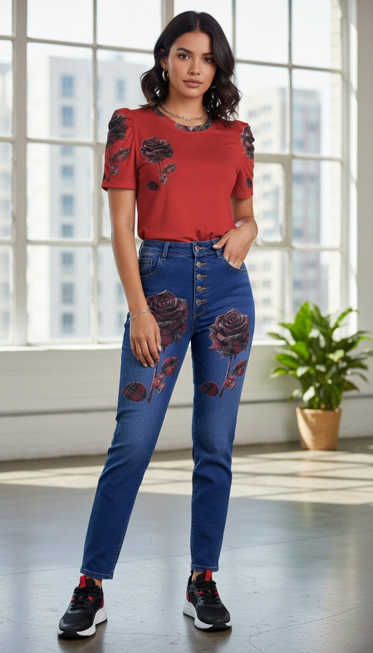 Rich and Rich Red Plaid Rose Women's Jeans Women's Jeans (Front Printing) (Model L75)