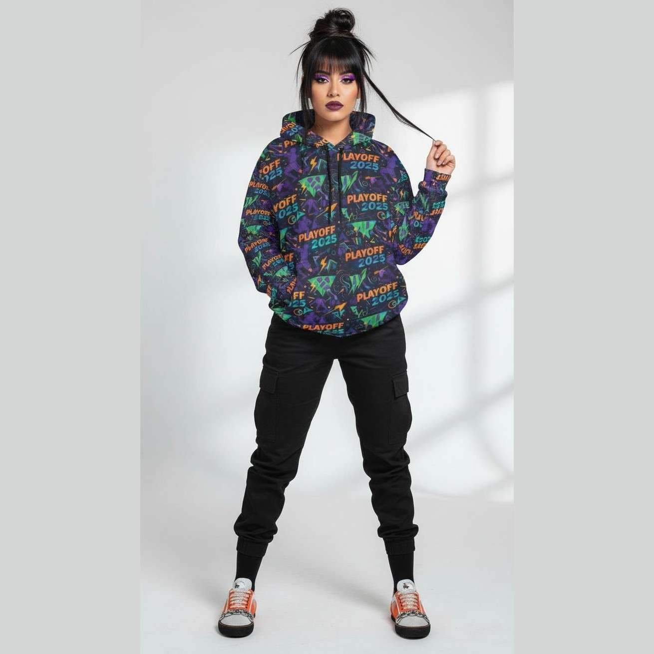 Women's black heavyweight hoodie with taped neck, ribbed cuffs, and kangaroo pocket fringes
