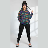 Women's black heavyweight hoodie with taped neck, ribbed cuffs, and kangaroo pocket fringes