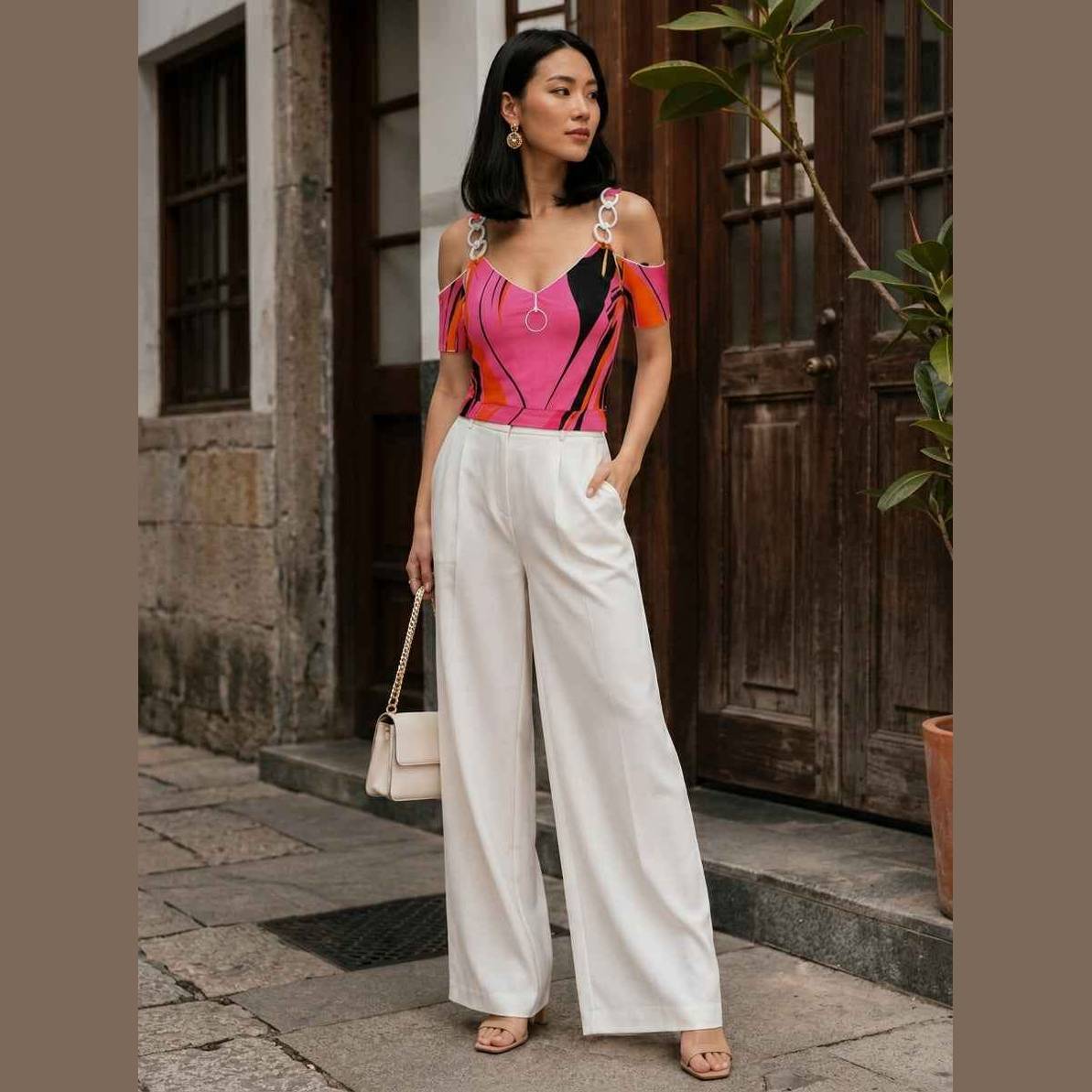 Rich and Rich Pink Swirl Women's V-Neck Chain Strap Off Shoulder Top - Rich and Rich Homeopportunities