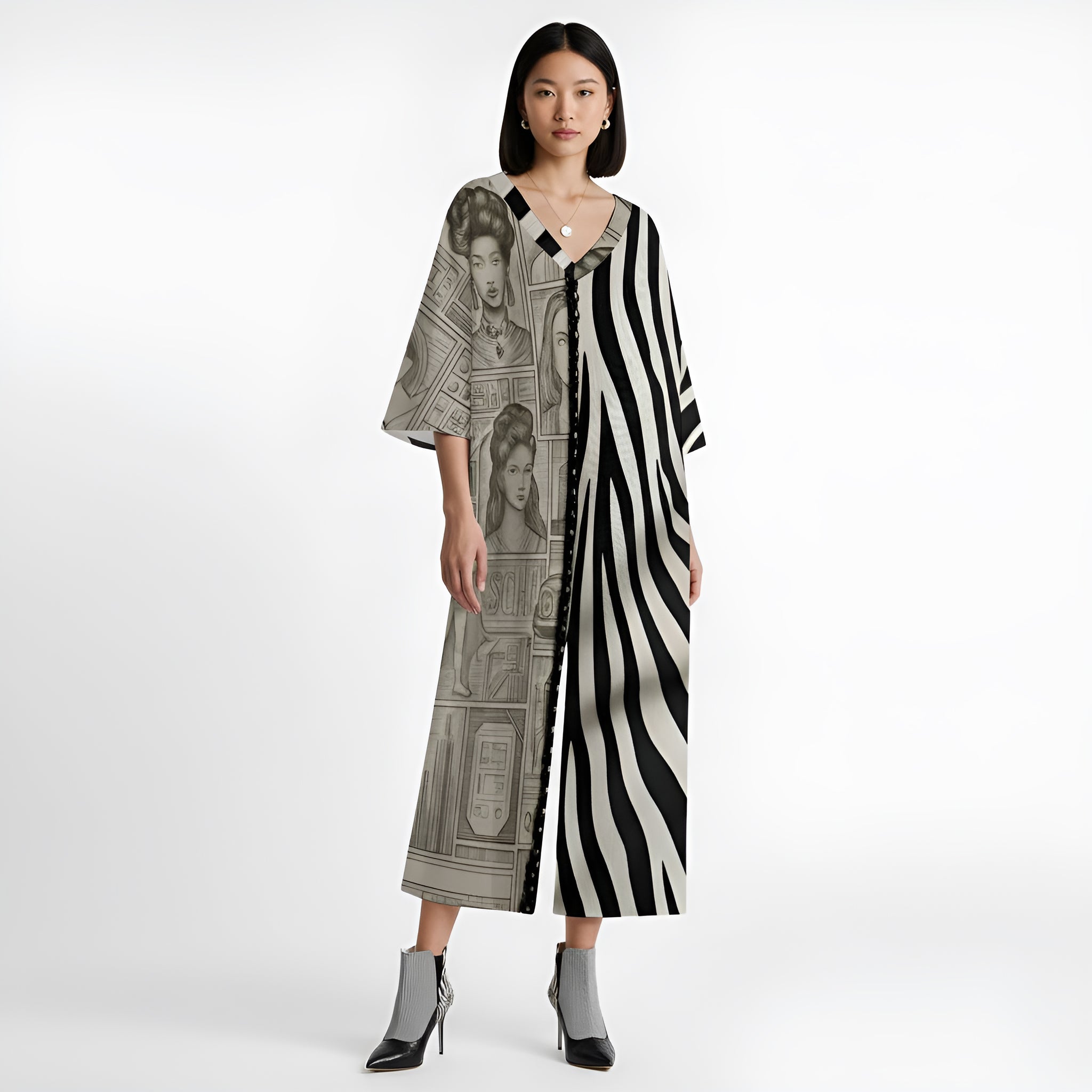 Rich and Rich Beige Pattern and Stripes Loose jumpsuit Women's V-Neck Loose Jumpsuit