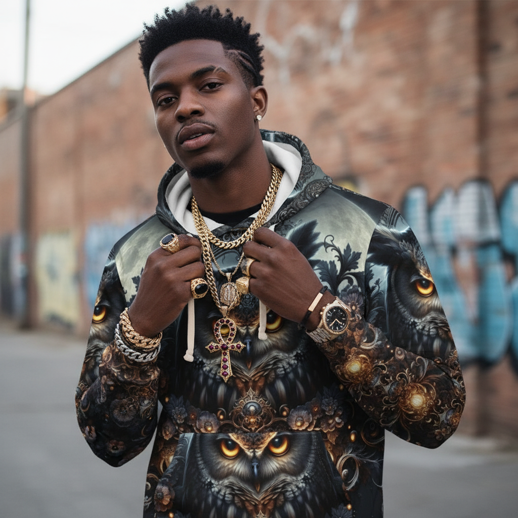 Owl Spirit AOP Pullover Hoodie | Unisex Cozy Sweatshirt for Nature Lovers, Great Gift for Birthdays, Halloween, or Everyday Wear